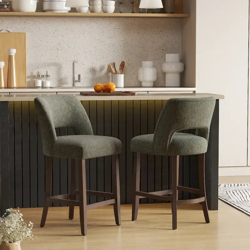 Bar Stools Set of 2 - Solid Birch Wood Legs - High-Density Foam - Fabric Upholstery - Ergonomic Hollow Backrest - Footrest - Adjustable Caps - Easy Assembly