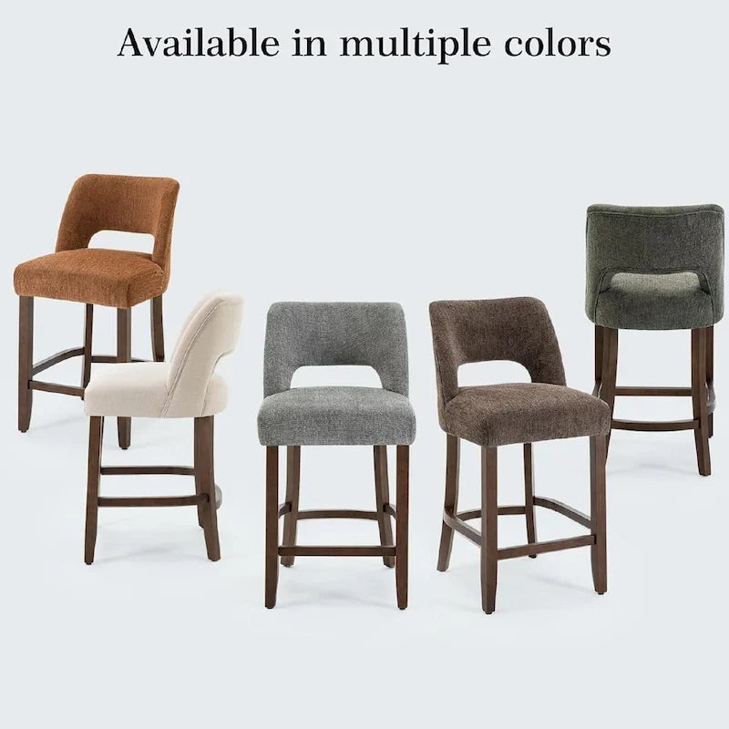 Bar Stools Set of 2 - Solid Birch Wood Legs - High-Density Foam - Fabric Upholstery - Ergonomic Hollow Backrest - Footrest - Adjustable Caps - Easy Assembly