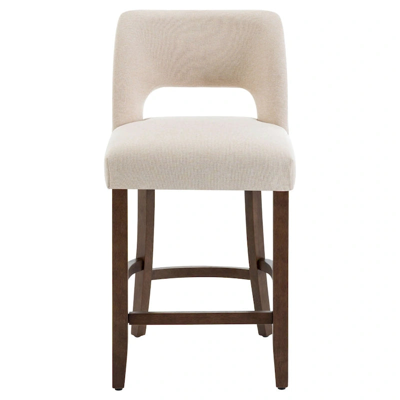 Bar Stools Set of 2 - Solid Birch Wood Legs - High-Density Foam - Fabric Upholstery - Ergonomic Hollow Backrest - Footrest - Adjustable Caps - Easy Assembly