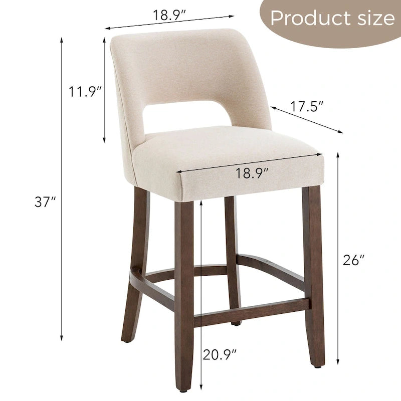 Bar Stools Set of 2 - Solid Birch Wood Legs - High-Density Foam - Fabric Upholstery - Ergonomic Hollow Backrest - Footrest - Adjustable Caps - Easy Assembly