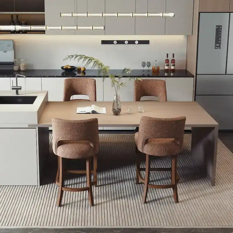 Bar Stools Set of 2 - Solid Birch Wood Legs - High-Density Foam - Fabric Upholstery - Ergonomic Hollow Backrest - Footrest - Adjustable Caps - Easy Assembly