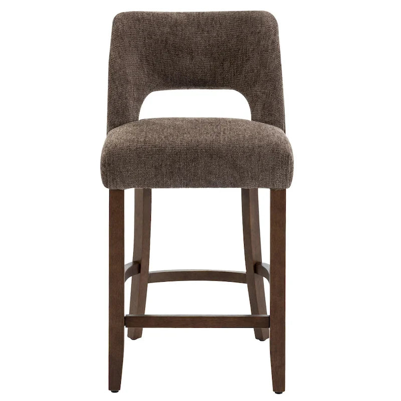 Bar Stools Set of 2 - Solid Birch Wood Legs - High-Density Foam - Fabric Upholstery - Ergonomic Hollow Backrest - Footrest - Adjustable Caps - Easy Assembly