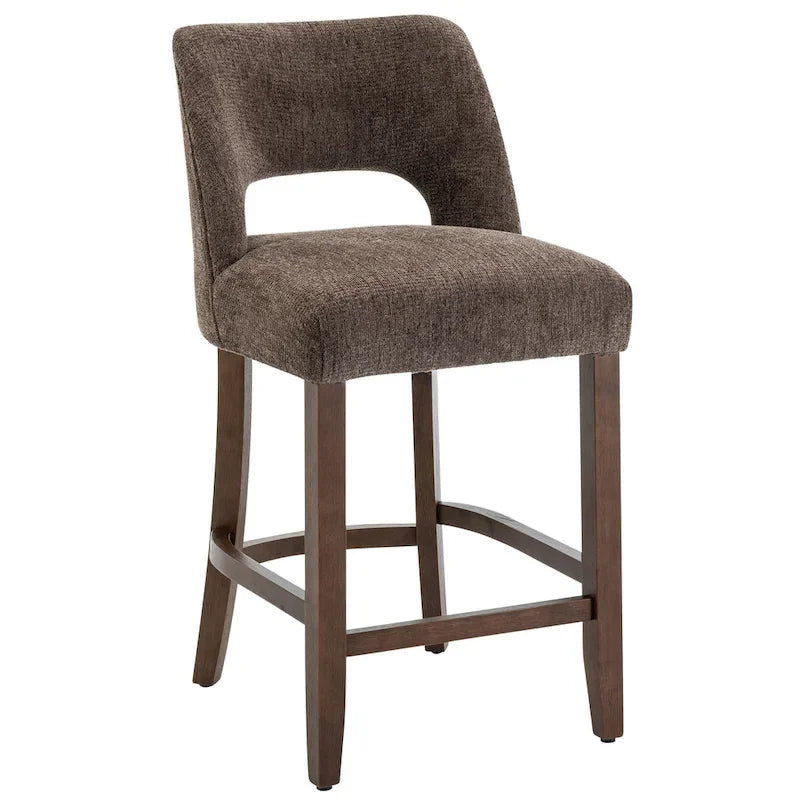 Bar Stools Set of 2 - Solid Birch Wood Legs - High-Density Foam - Fabric Upholstery - Ergonomic Hollow Backrest - Footrest - Adjustable Caps - Easy Assembly