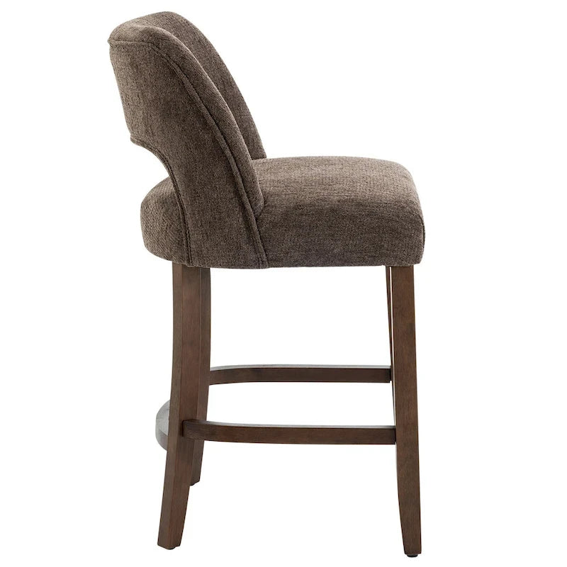 Bar Stools Set of 2 - Solid Birch Wood Legs - High-Density Foam - Fabric Upholstery - Ergonomic Hollow Backrest - Footrest - Adjustable Caps - Easy Assembly