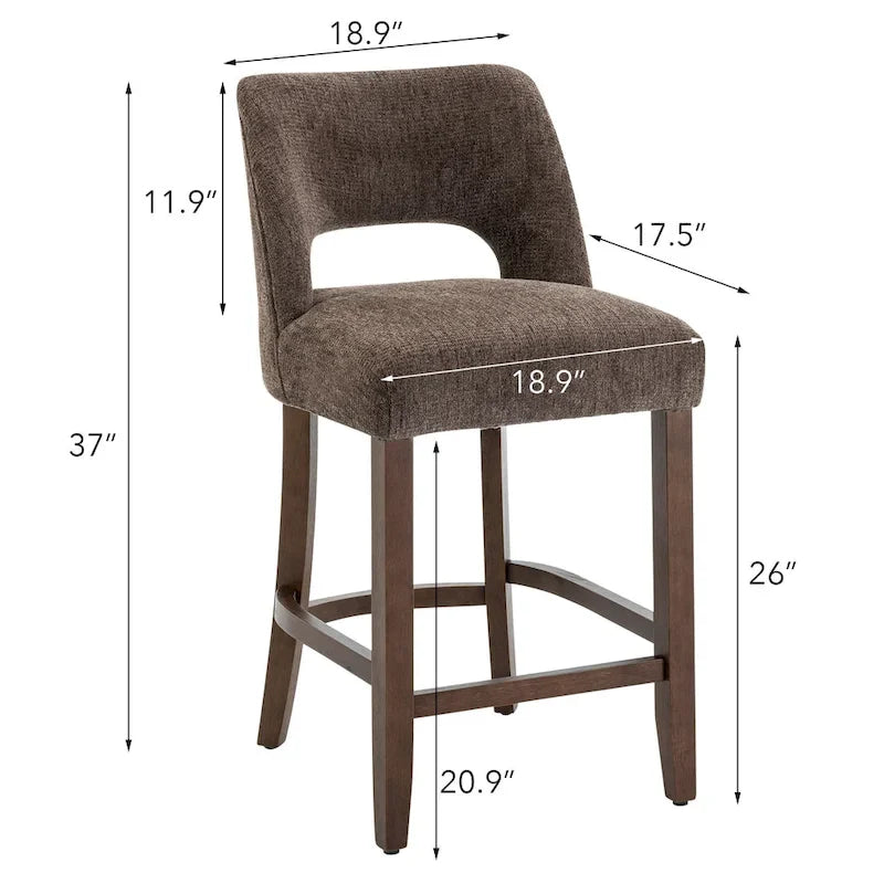 Bar Stools Set of 2 - Solid Birch Wood Legs - High-Density Foam - Fabric Upholstery - Ergonomic Hollow Backrest - Footrest - Adjustable Caps - Easy Assembly