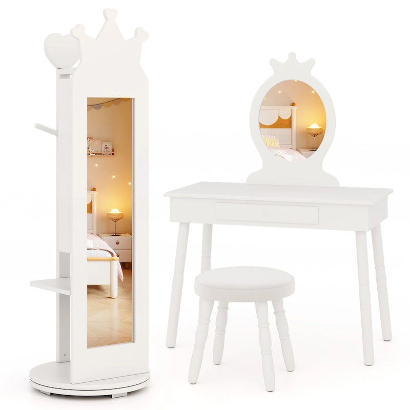Kids Princess Vanity Set - White Dressing Table with Crown Mirror, Jewelry Armoire, Stool, 35 Ring Slots, 3 Shelves - Girls Makeup Furniture 110lbs