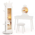 Kids Princess Vanity Set - White Dressing Table with Crown Mirror, Jewelry Armoire, Stool, 35 Ring Slots, 3 Shelves - Girls Makeup Furniture 110lbs