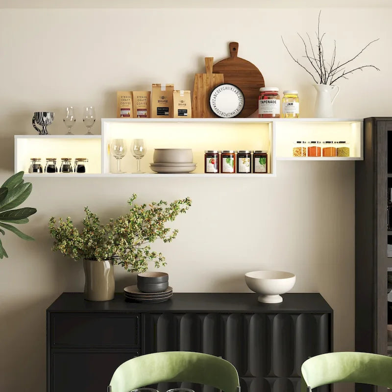 Wall Mounted Floating TV Stand with 3-Tier Shelves, 20 Color LEDs, 100kg/m Capacity, Melamine Finish, Modern Minimalist