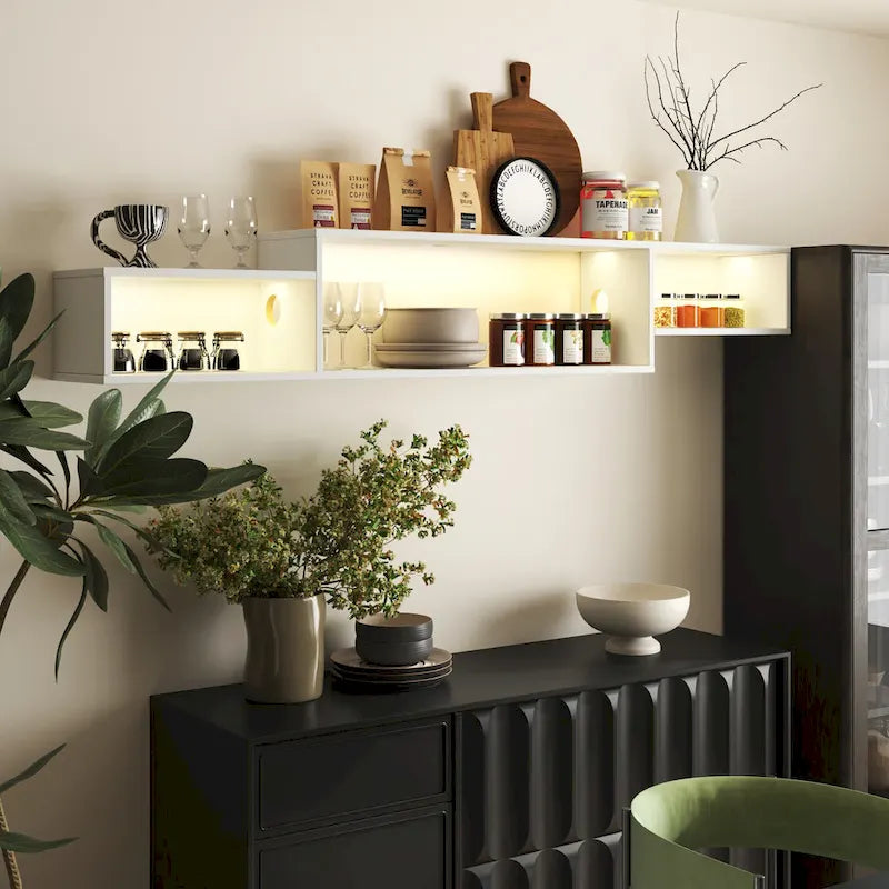 Wall Mounted Floating TV Stand with 3-Tier Shelves, 20 Color LEDs, 100kg/m Capacity, Melamine Finish, Modern Minimalist