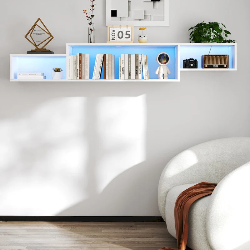 Wall Mounted Floating TV Stand with 3-Tier Shelves, 20 Color LEDs, 100kg/m Capacity, Melamine Finish, Modern Minimalist