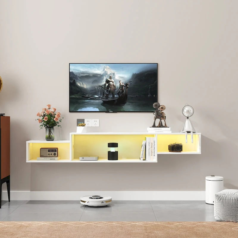 Wall Mounted Floating TV Stand with 3-Tier Shelves, 20 Color LEDs, 100kg/m Capacity, Melamine Finish, Modern Minimalist