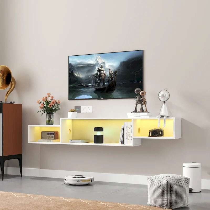 Wall Mounted Floating TV Stand with 3-Tier Shelves, 20 Color LEDs, 100kg/m Capacity, Melamine Finish, Modern Minimalist