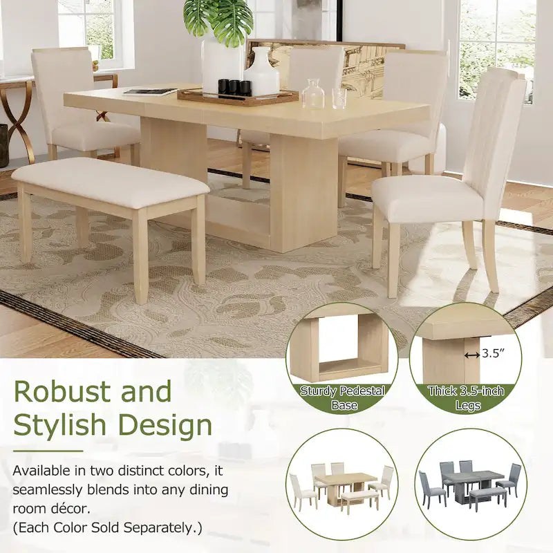 6-Piece Dining Set with Extendable Table, 4 Upholstered Chairs & Bench, Solid Wood, 250 lbs Capacity