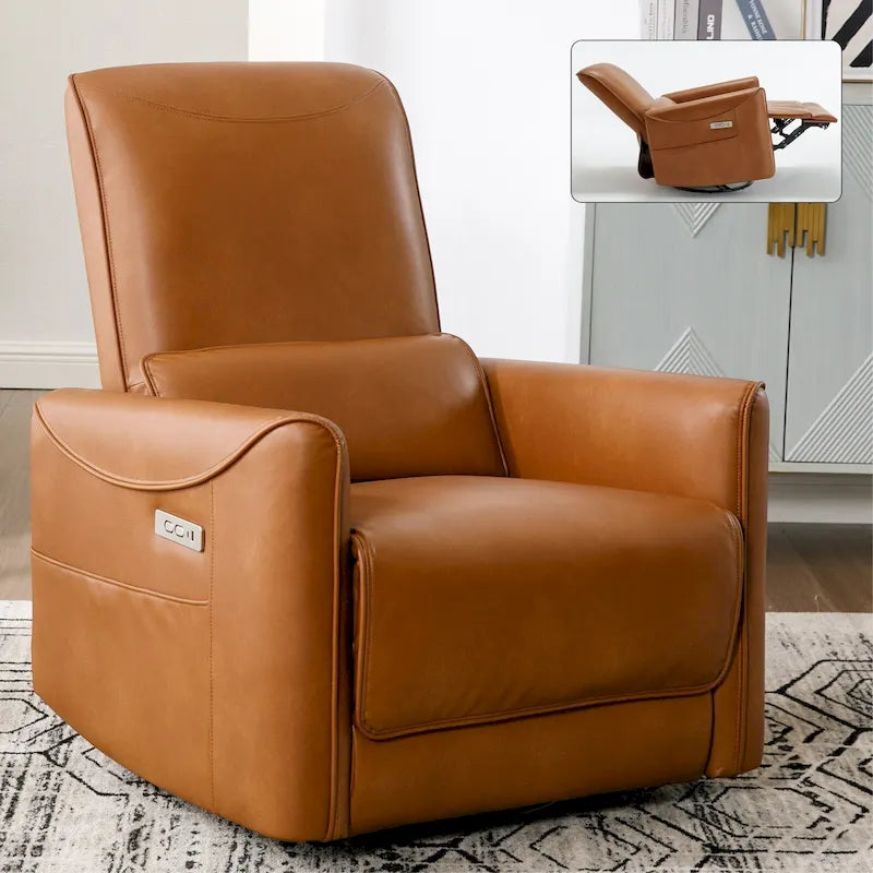 Ergonomic Power Recliner with 270° Swivel, Rocking, USB & Type-C Ports, 110-155° Recline, Lumbar Support, Brown