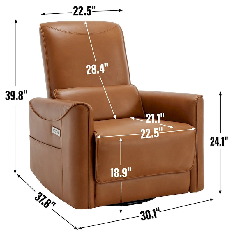 Ergonomic Power Recliner with 270° Swivel, Rocking, USB & Type-C Ports, 110-155° Recline, Lumbar Support, Brown