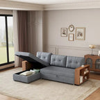 84" Convertible Sectional Sofa - L-Shape with Storage Chaise, Pull-Out Sleeper Bed, Wooden Armrests, 3 Cushions, Reversible
