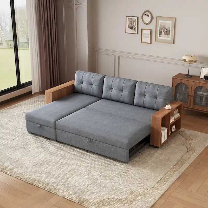84" Convertible Sectional Sofa - L-Shape with Storage Chaise, Pull-Out Sleeper Bed, Wooden Armrests, 3 Cushions, Reversible