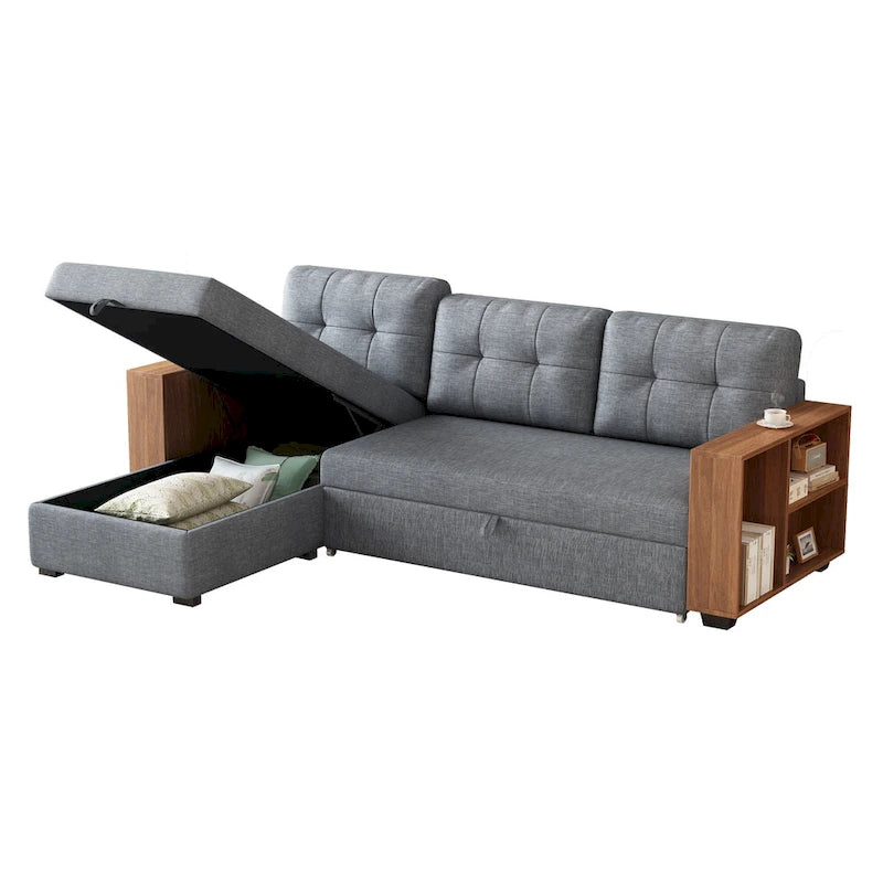 84" Convertible Sectional Sofa - L-Shape with Storage Chaise, Pull-Out Sleeper Bed, Wooden Armrests, 3 Cushions, Reversible