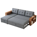 84" Convertible Sectional Sofa - L-Shape with Storage Chaise, Pull-Out Sleeper Bed, Wooden Armrests, 3 Cushions, Reversible