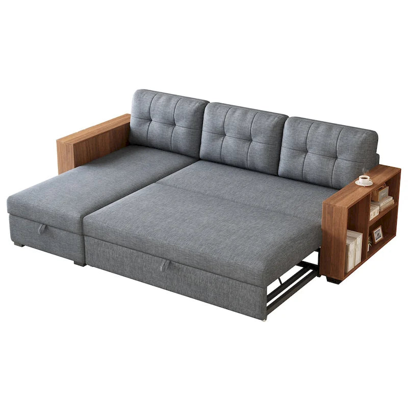 84" Convertible Sectional Sofa - L-Shape with Storage Chaise, Pull-Out Sleeper Bed, Wooden Armrests, 3 Cushions, Reversible