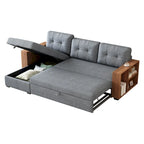 84" Convertible Sectional Sofa - L-Shape with Storage Chaise, Pull-Out Sleeper Bed, Wooden Armrests, 3 Cushions, Reversible
