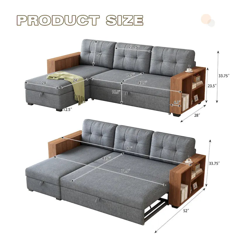 84" Convertible Sectional Sofa - L-Shape with Storage Chaise, Pull-Out Sleeper Bed, Wooden Armrests, 3 Cushions, Reversible