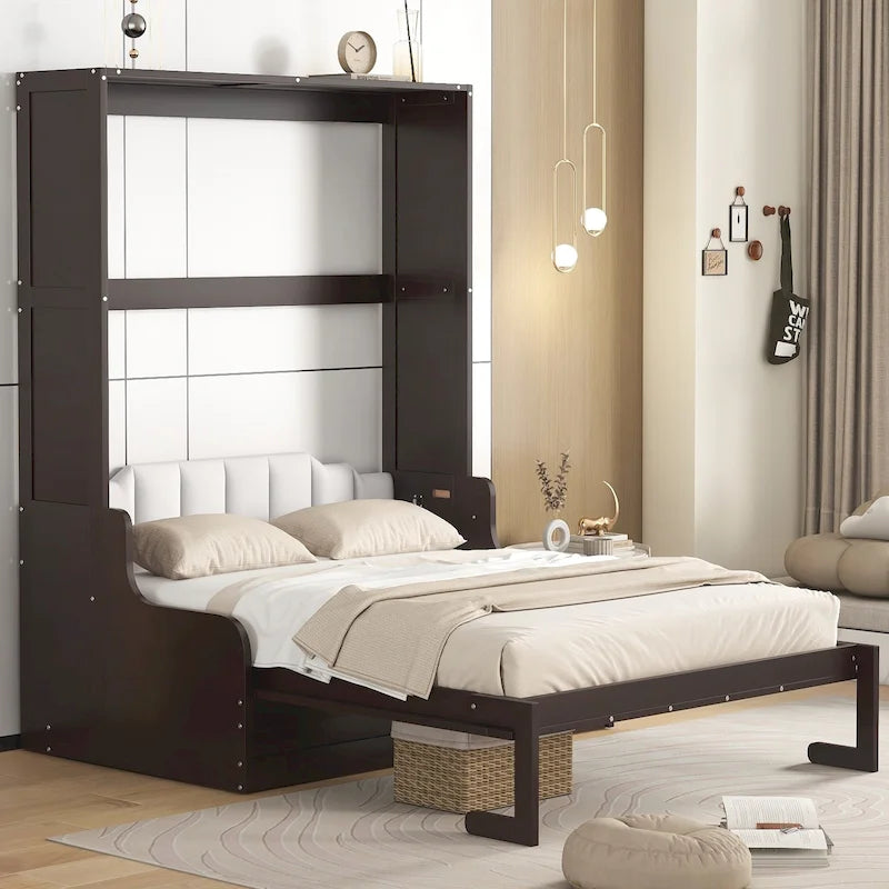 Queen Murphy Bed with Cushioned Chair - Foldable Wall Bed Cabinet, Dual-Piston Mechanism, 88.5" x 66.4" - Modern Space-Saving Furniture for 8" Mattress