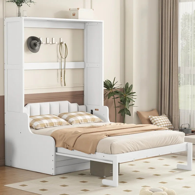 Queen Murphy Bed with Cushioned Chair - Foldable Wall Bed Cabinet, Dual-Piston Mechanism, 88.5" x 66.4" - Modern Space-Saving Furniture for 8" Mattress
