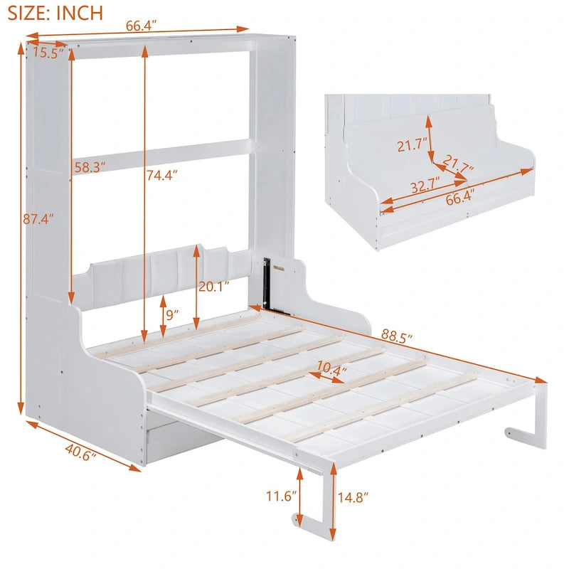 Queen Murphy Bed with Cushioned Chair - Foldable Wall Bed Cabinet, Dual-Piston Mechanism, 88.5" x 66.4" - Modern Space-Saving Furniture for 8" Mattress