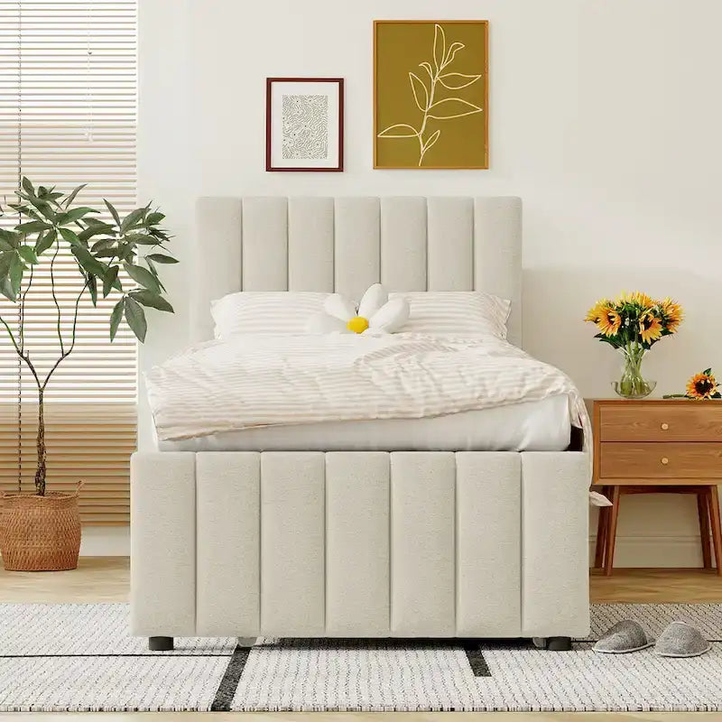Twin Linen Upholstered Platform Bed with Trundle & 3 Storage Drawers - Striped Headboard, 330 lbs Capacity