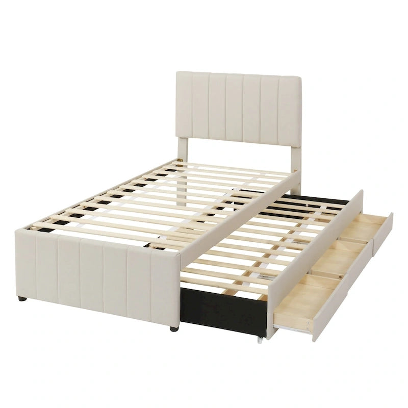 Twin Linen Upholstered Platform Bed with Trundle & 3 Storage Drawers - Striped Headboard, 330 lbs Capacity