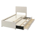 Twin Linen Upholstered Platform Bed with Trundle & 3 Storage Drawers - Striped Headboard, 330 lbs Capacity