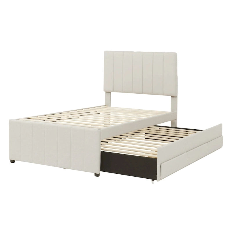 Twin Linen Upholstered Platform Bed with Trundle & 3 Storage Drawers - Striped Headboard, 330 lbs Capacity