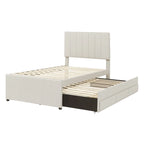 Twin Linen Upholstered Platform Bed with Trundle & 3 Storage Drawers - Striped Headboard, 330 lbs Capacity
