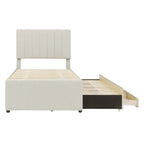 Twin Linen Upholstered Platform Bed with Trundle & 3 Storage Drawers - Striped Headboard, 330 lbs Capacity