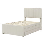 Twin Linen Upholstered Platform Bed with Trundle & 3 Storage Drawers - Striped Headboard, 330 lbs Capacity