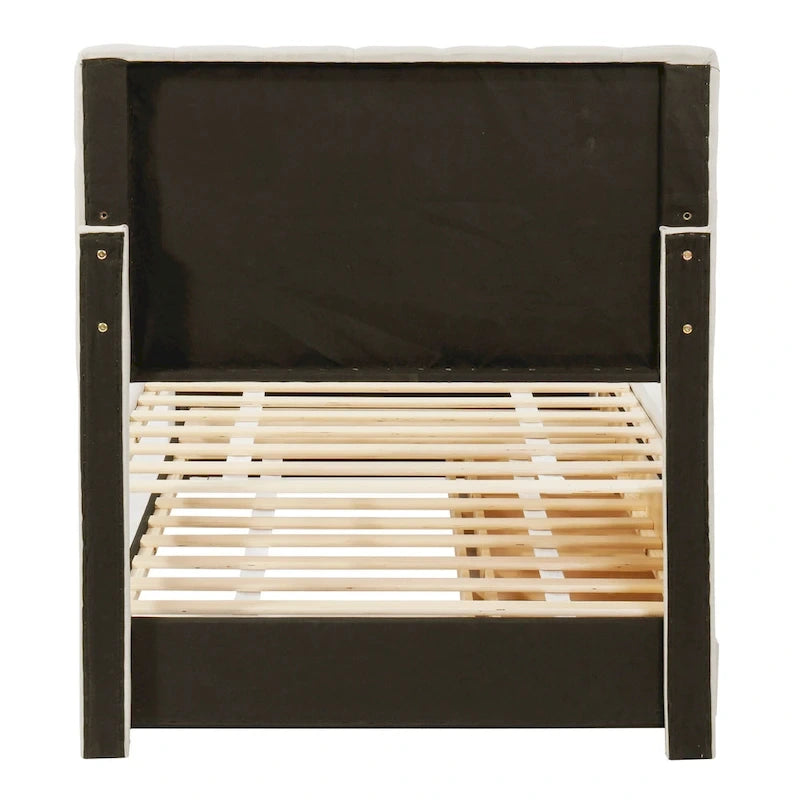 Twin Linen Upholstered Platform Bed with Trundle & 3 Storage Drawers - Striped Headboard, 330 lbs Capacity