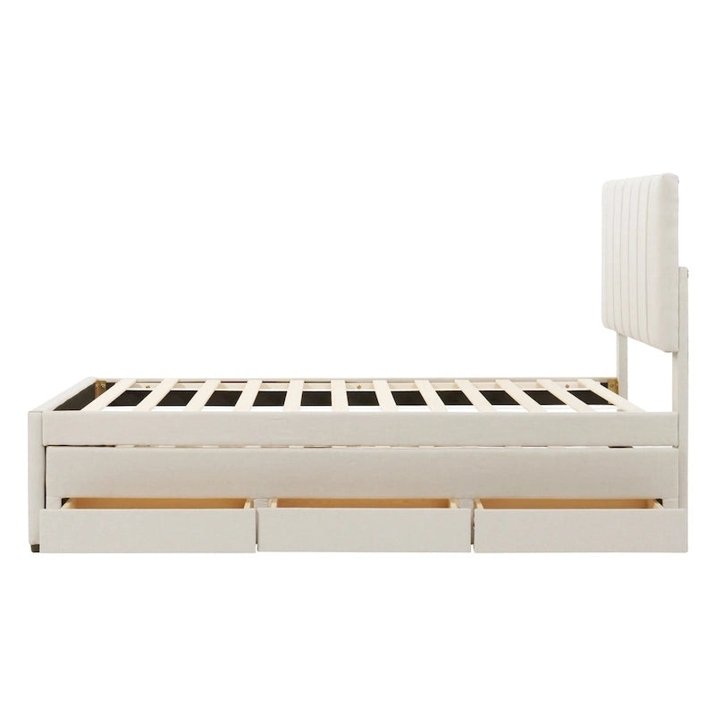 Twin Linen Upholstered Platform Bed with Trundle & 3 Storage Drawers - Striped Headboard, 330 lbs Capacity