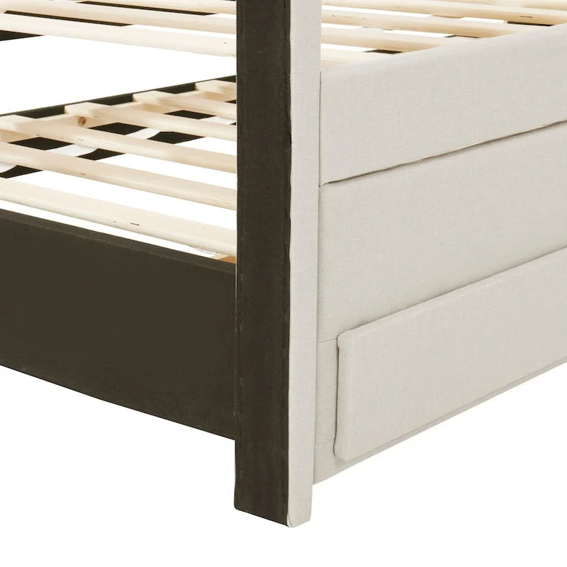 Twin Linen Upholstered Platform Bed with Trundle & 3 Storage Drawers - Striped Headboard, 330 lbs Capacity