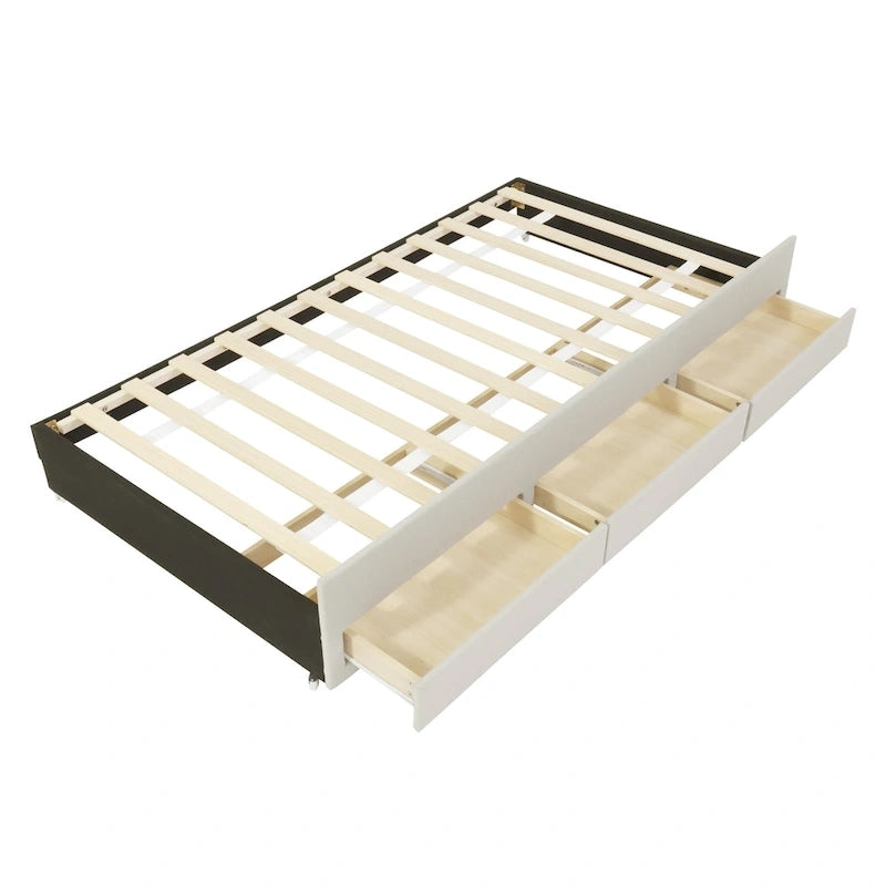 Twin Linen Upholstered Platform Bed with Trundle & 3 Storage Drawers - Striped Headboard, 330 lbs Capacity