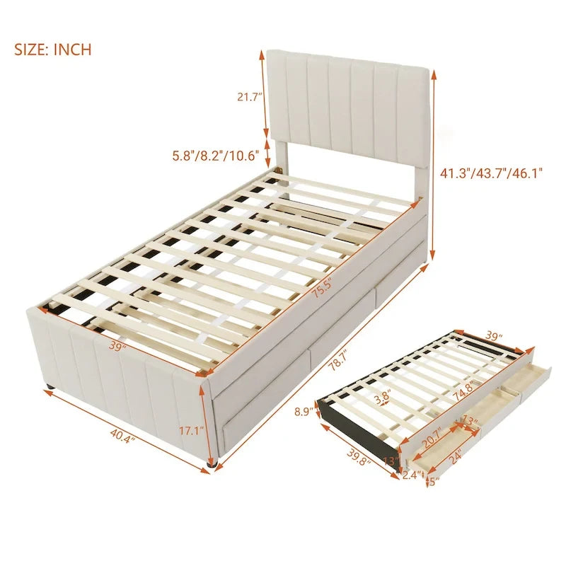 Twin Linen Upholstered Platform Bed with Trundle & 3 Storage Drawers - Striped Headboard, 330 lbs Capacity