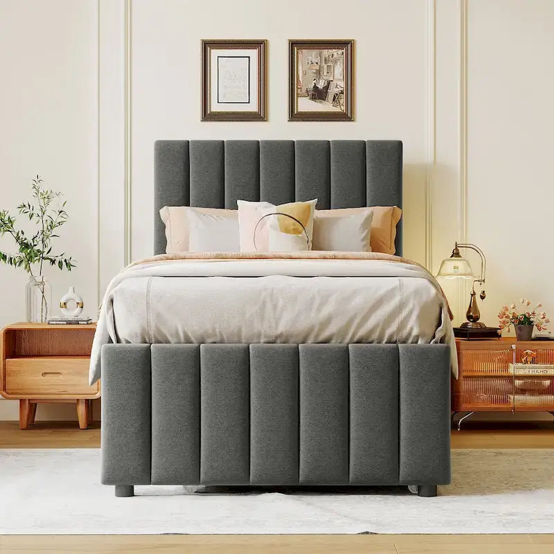 Twin Linen Upholstered Platform Bed with Trundle & 3 Storage Drawers - Striped Headboard, 330 lbs Capacity