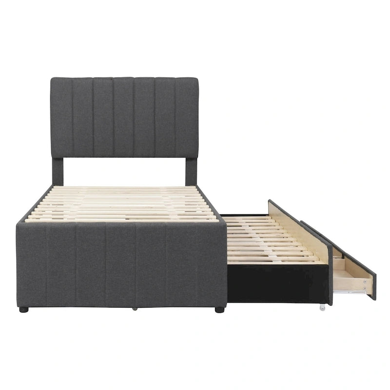 Twin Linen Upholstered Platform Bed with Trundle & 3 Storage Drawers - Striped Headboard, 330 lbs Capacity