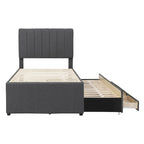Twin Linen Upholstered Platform Bed with Trundle & 3 Storage Drawers - Striped Headboard, 330 lbs Capacity
