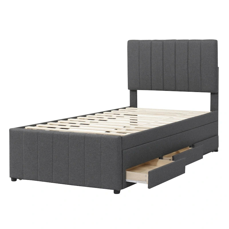 Twin Linen Upholstered Platform Bed with Trundle & 3 Storage Drawers - Striped Headboard, 330 lbs Capacity