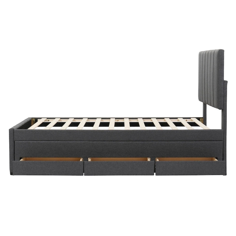 Twin Linen Upholstered Platform Bed with Trundle & 3 Storage Drawers - Striped Headboard, 330 lbs Capacity
