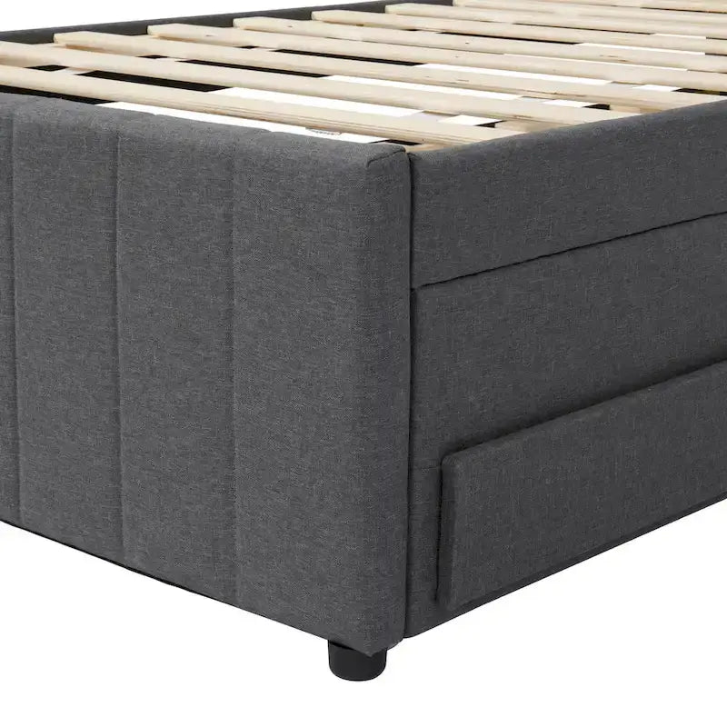 Twin Linen Upholstered Platform Bed with Trundle & 3 Storage Drawers - Striped Headboard, 330 lbs Capacity