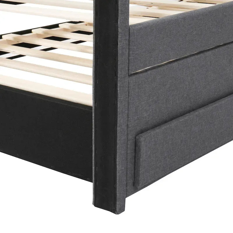 Twin Linen Upholstered Platform Bed with Trundle & 3 Storage Drawers - Striped Headboard, 330 lbs Capacity