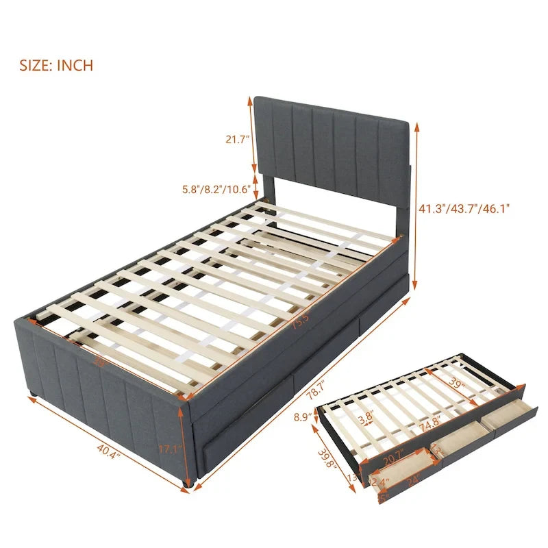 Twin Linen Upholstered Platform Bed with Trundle & 3 Storage Drawers - Striped Headboard, 330 lbs Capacity