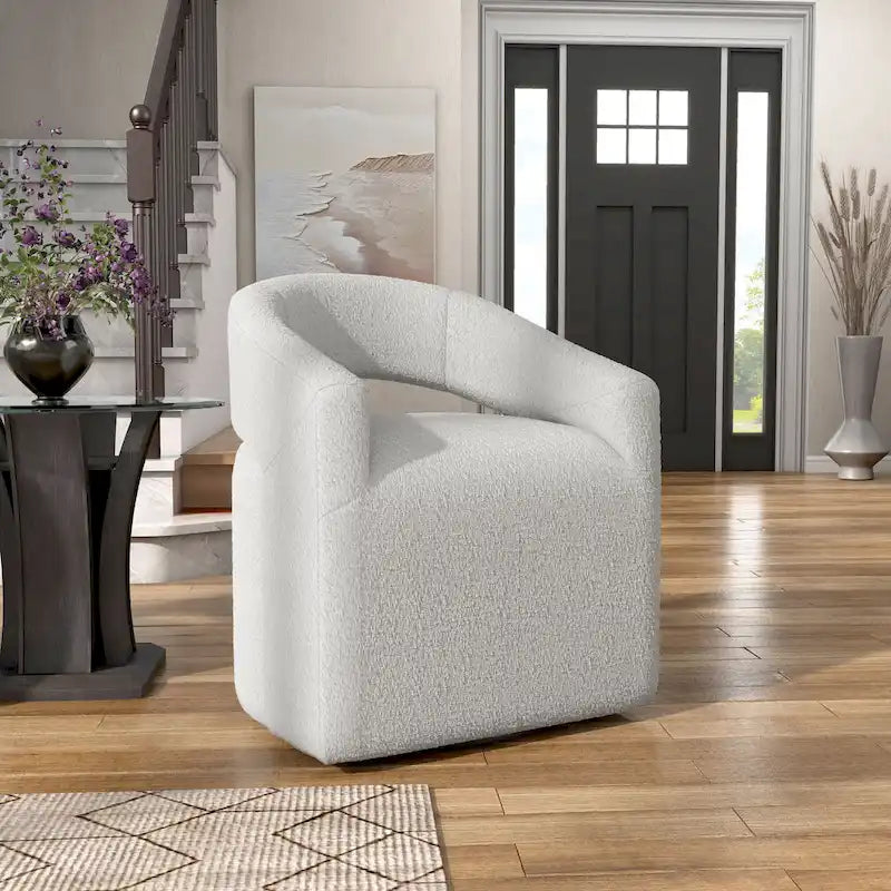Modern Boucle Round Barrel Swivel Chair - 360° Rotation - Open Back - Curved Arms - 33"H x 27"W - 250 lbs Capacity - No Assembly - 2 Colors Available